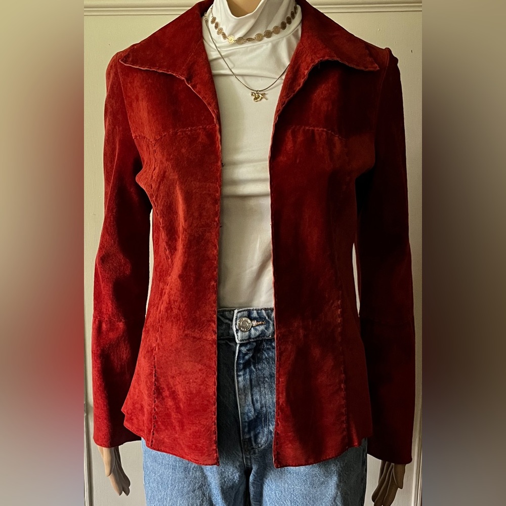 GORGEOUS Vintage 90s Wet Seal 100% Leather Rust Red/Orange Suede 70’s Style Coat - Picture 7 of 14